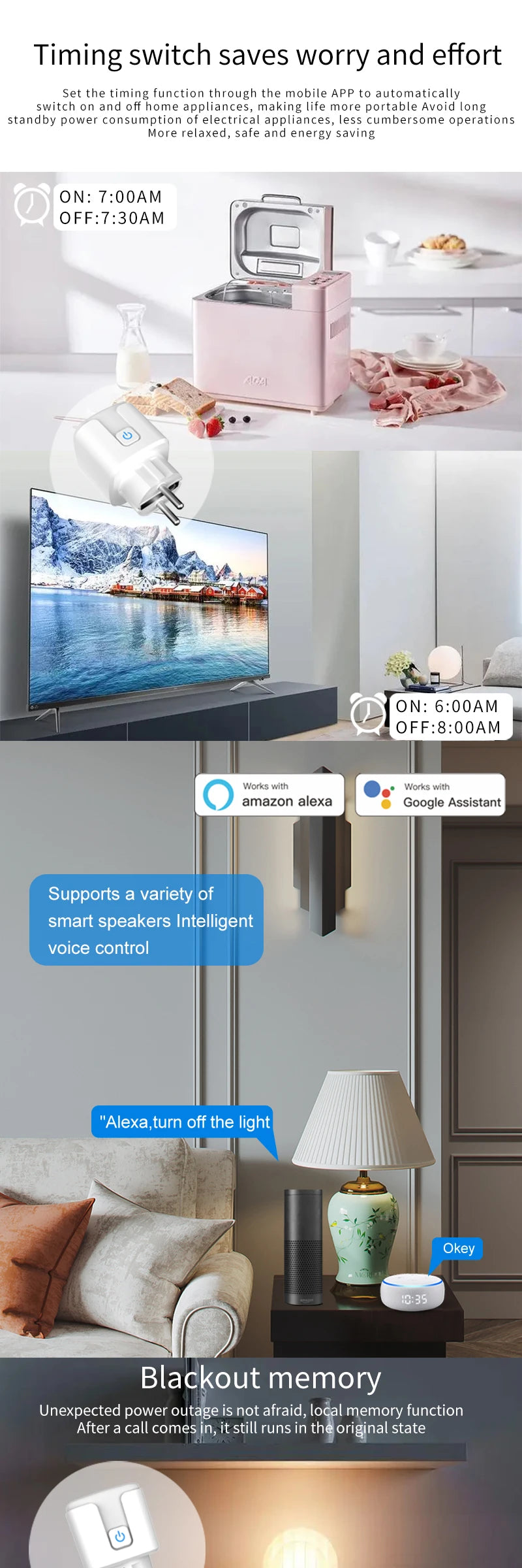 WiFi Smart Plug Socket EU 16/20A with Power Monitoring Timing Voice Control Works with Tuya Alexa Google Home Smart Life