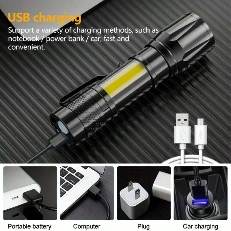 LED Flashlight Rechargeable USB Torch Pocket Flash Light COB Side Searchlight High Lumens Zoom Emergency Light with Pen Clip