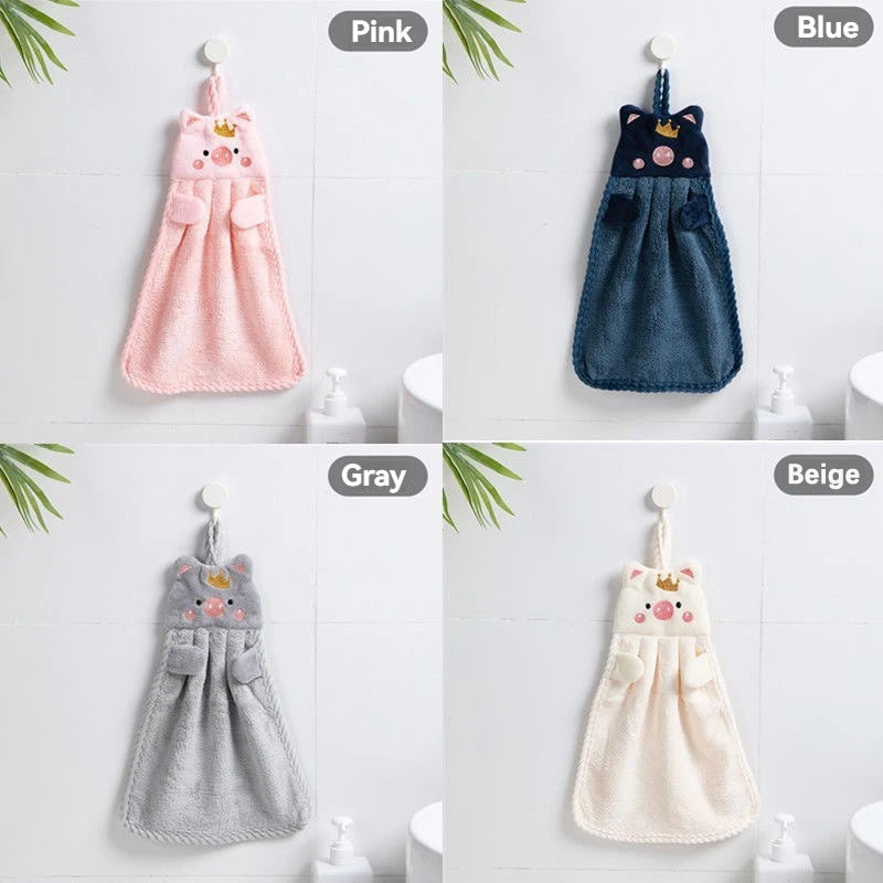 Soft Coral Velvet Hanging Towel with Adorable Piggy Embroidery for Bathroom Kitchen Dishwashing Handkerchief Cloth