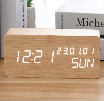 Wooden Clock Electronic Clock, LED Date Weekly Temperature Display Electronic Alarm Clock