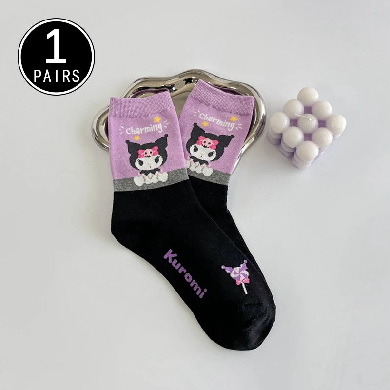1/5 Pair of Fashionable and High Aesthetic Dreamy Party Sanrio Cute Cartoon Kawaii Purple Kuromi Women's Exquisite Stockings