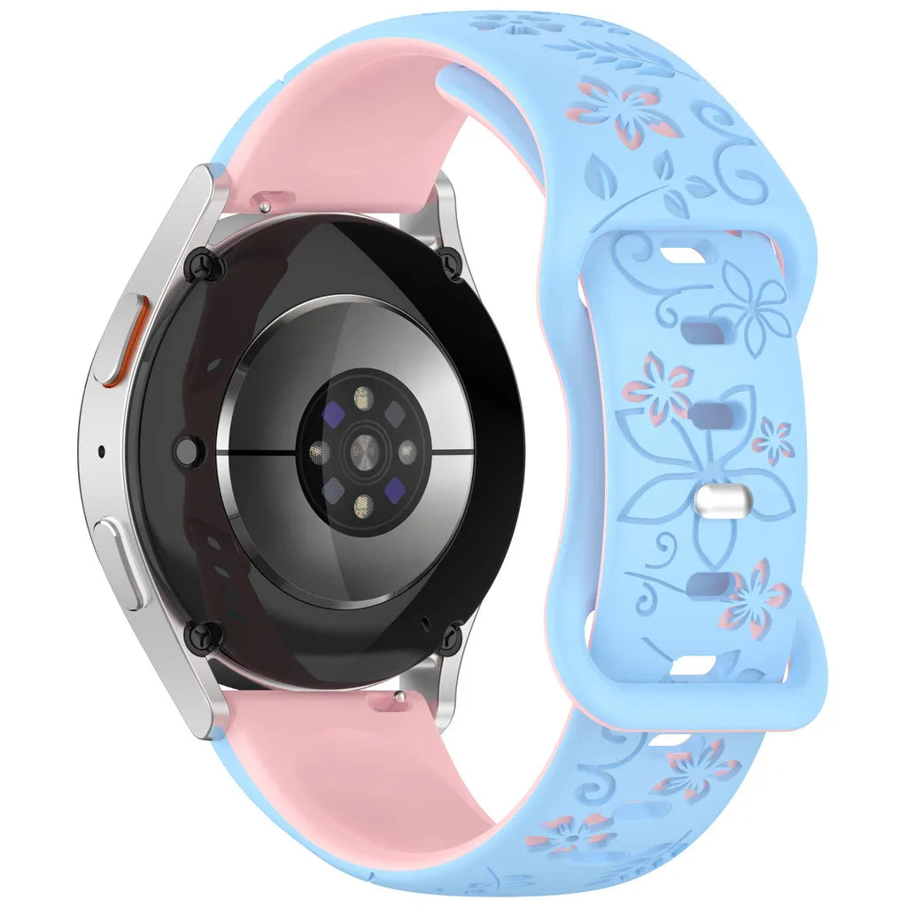 Two-color Flower Design Floral Engraved Silicone Strap 18/20/22mm, For Amazfit GTR, Huawei,Garmin Samsung Galaxy Watch 7 6 5 4