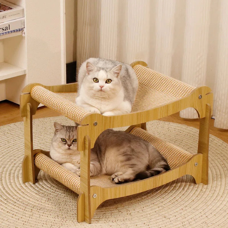 2 Tier Cat Hammock Bed Elevated Wooden Pet Bunk Beds For Indoor Cats Double Wooden Cat Bed Home Wood Raised Hanging Bed For Cats