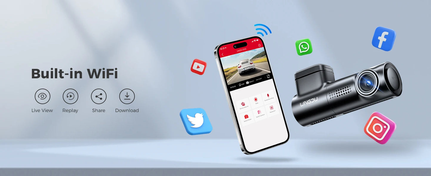 LINGDU Dash Cam D100 3K Dash Car Camera Built-in GPS Wi-Fi 24H Parking Motion Car Camera Night Vision Car DVR EN Voice Control