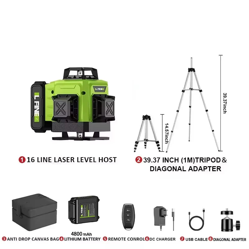 LFINE 3D/4D Laser Level 8/12/16 Lines Horizontal And Vertical With Remote Control 8 Lines 360°Self-leveling Laser Levels