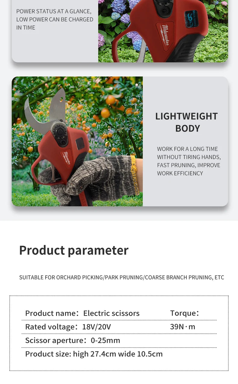 Milwaukee Electric Scissors LED Display Scissors Electric Trimming Fruit Trees Gardening Bonsai Electric Tools For 18V Battery