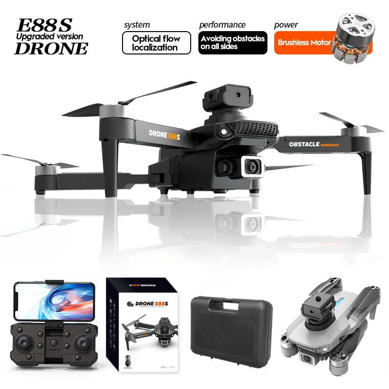 E88S RC Drone 4K Wide Angle Optical Flow Dual HD Camera Avoiding Obstacle Brushless Motor with Remote Control Foldable