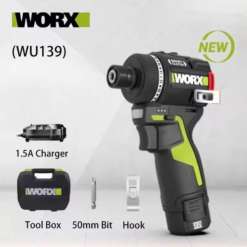 Worx WU139 Cordless Screwdriver Dual Speed 50Nm 12v 1800rpm 18+1 Brushless Motor Adjust Torque Univeral Green 12V Battery Pack