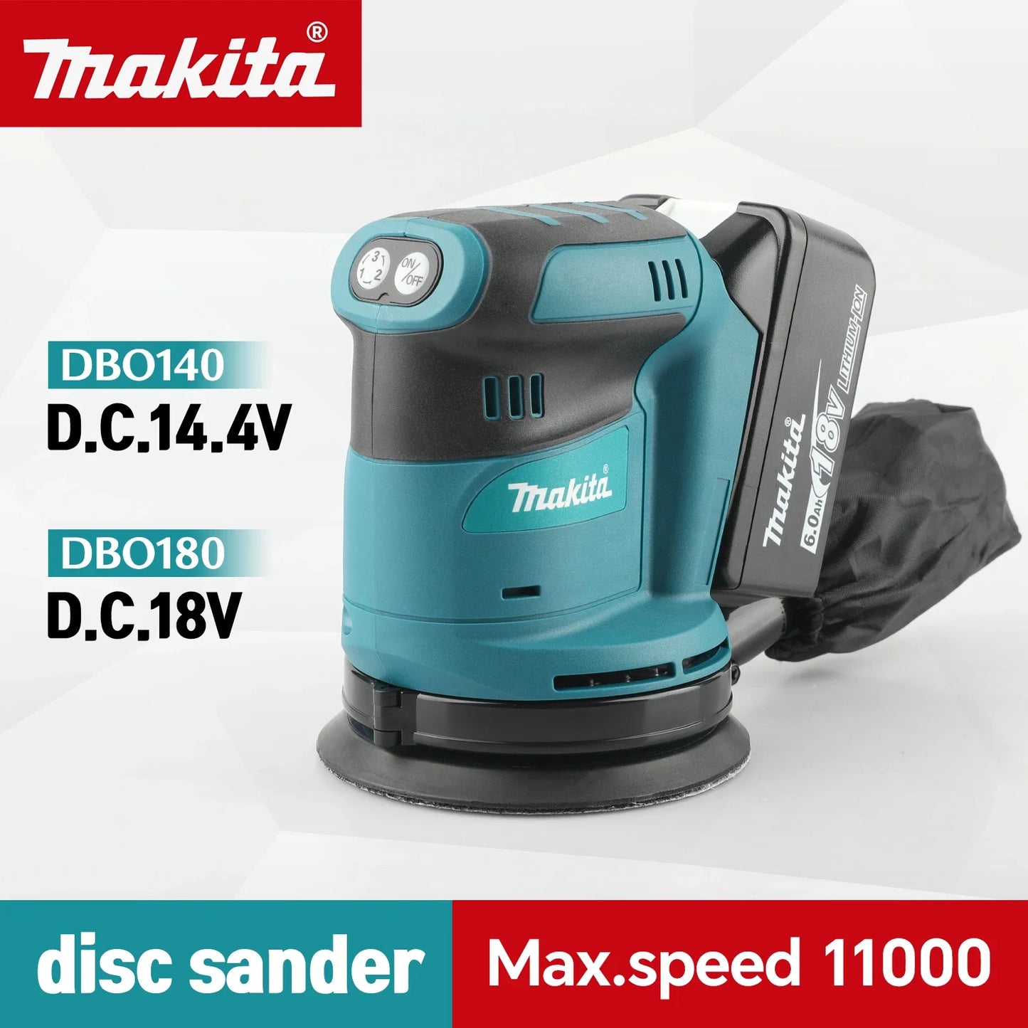 Makita Disc Sander DBO140/DBO180: 3 Speed Options, 125mm Abrasive, 11000 Max RPM, Dust Collection for Sanding & Polishing