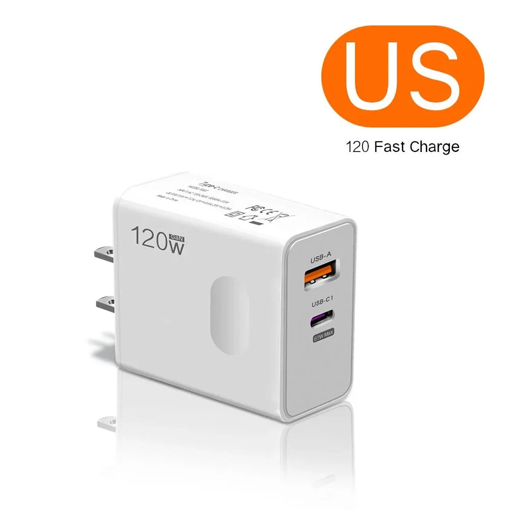 Total 120W USB Type C Fast Charging Charger PD Mobile Phone Quick Charge Wall Adapter for iPhone 15 Xiaomi Samsung GaN Charger