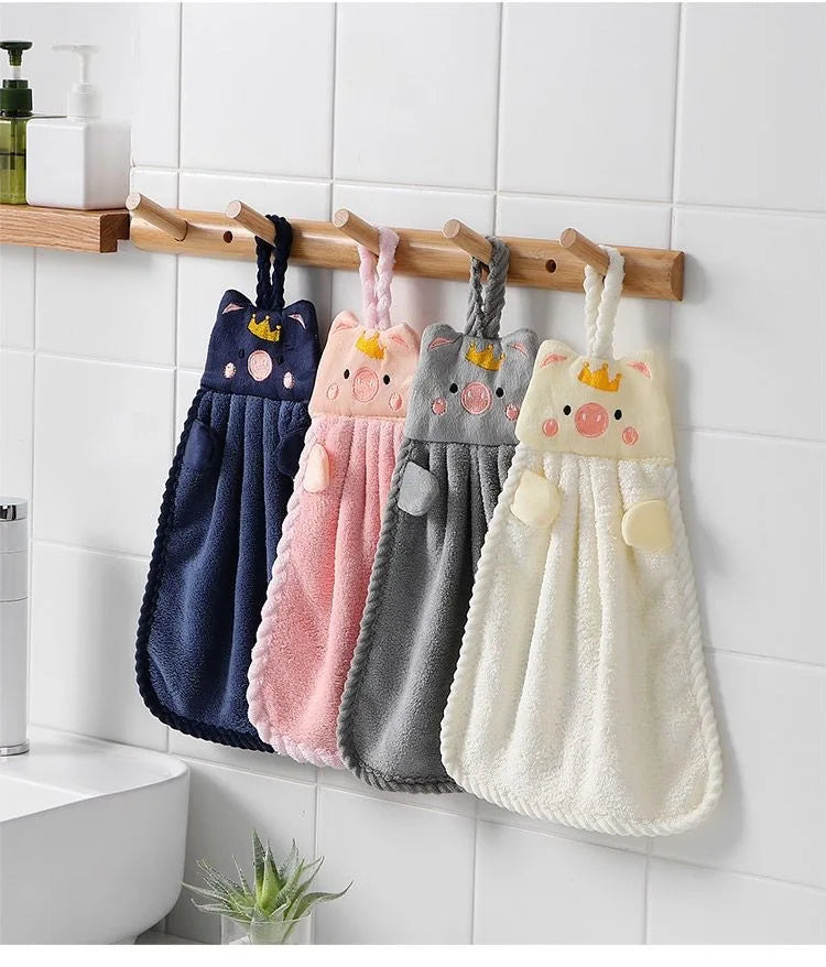 Soft Coral Velvet Hanging Towel with Adorable Piggy Embroidery for Bathroom Kitchen Dishwashing Handkerchief Cloth