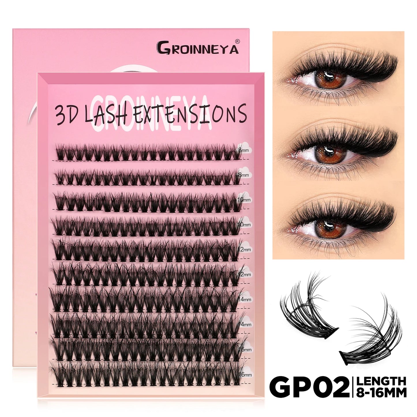 GROINNEYA Lashes Cluster DIY Lash Extension Mixed Tray Clusters Eyelashes Fluffy Volume Individual Lashes Cat Eye Lash Extension