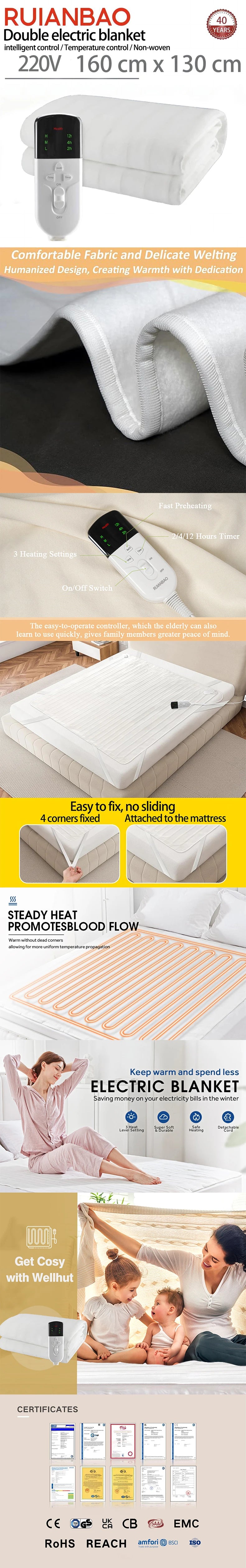 RuiAnBao Electric Heated Blanket Queen Size Double 160*130cm with Timer 220V Thermal Mattress Topper Winter Bed Warmer