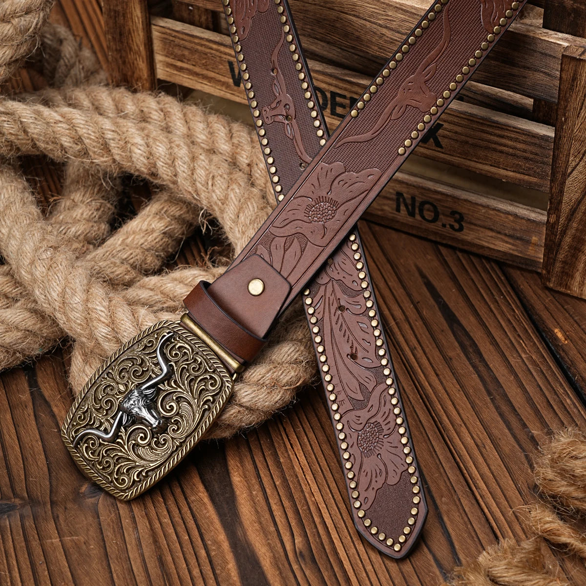 Men Women-Western-Cowboy-PU Leather-Belts - Vintage Belt Floral Engraved Buckle Belt for Jeans