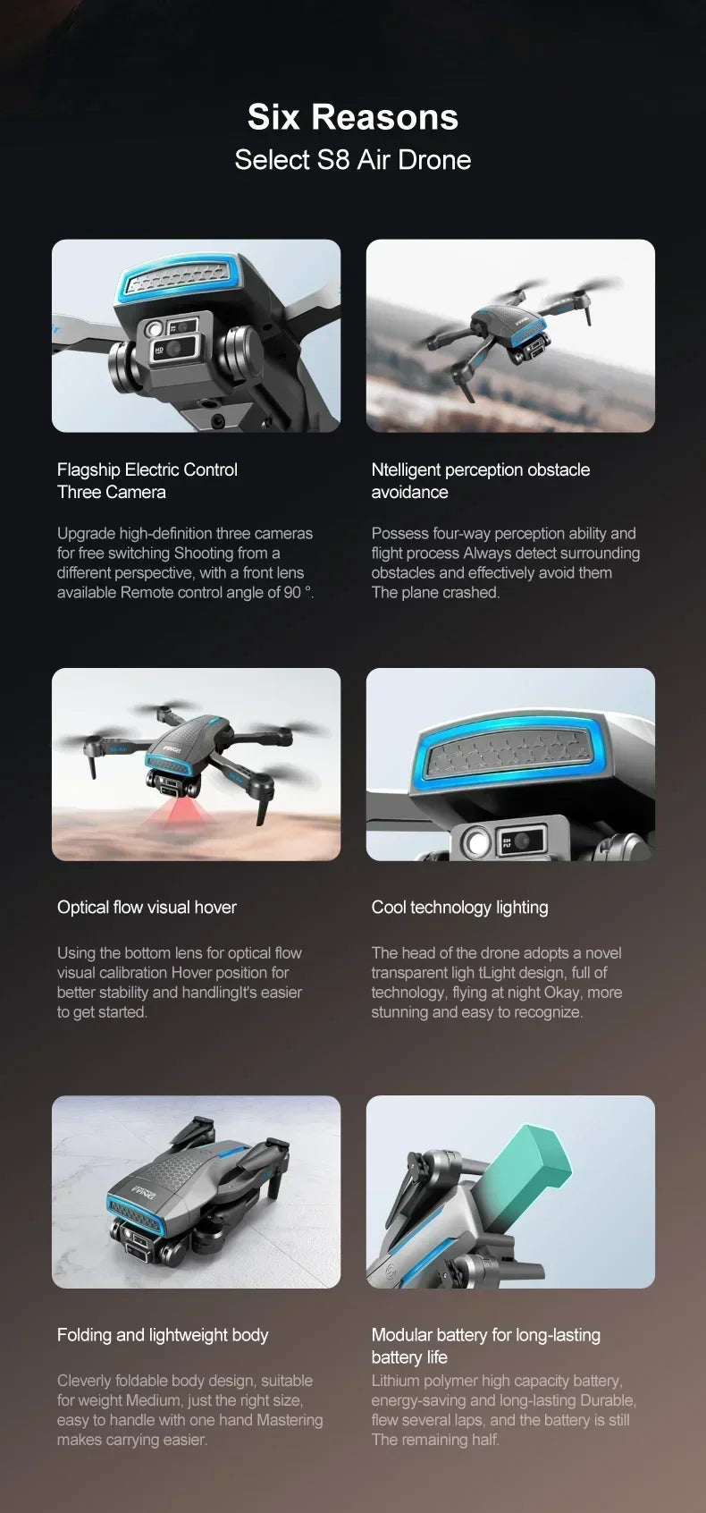 New S8 AIR GPS 5G Drone 8K HD Camera WIFI FPV Obstacle Avoidance Optical Flow Cool Lighting RC Foldable Quadcopter Gifts Toys