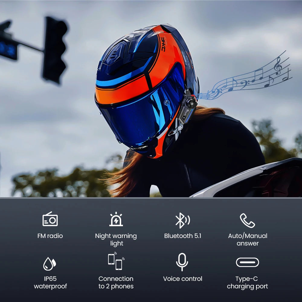 GEARELEC X5 Motorcycle Helmet Headset BT 5.2 Waterproof Wireless Headphones Voice Control Roise Reduction FM Radio Warning Light