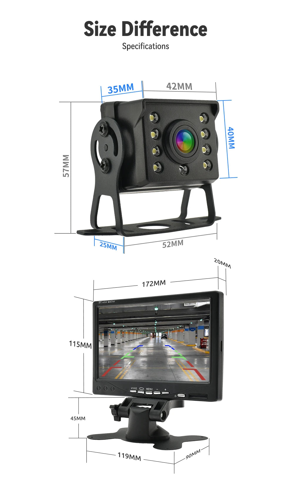 Parking Universal Car Rear View Camera with Monitor For Truck Bus 7 HD Screen 1024*600 Assistance Waterproof Security