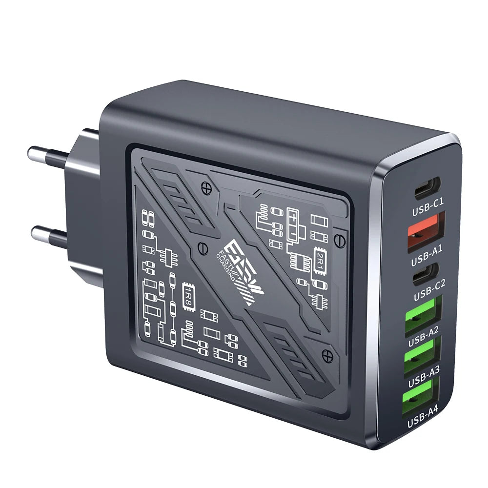 Multi Ports USB Charger 65W 6 in 1 Fast Charging Type C Phone Adapter For iPhone Samsung Xiaomi Huawei EU/US Plug Wall Charger