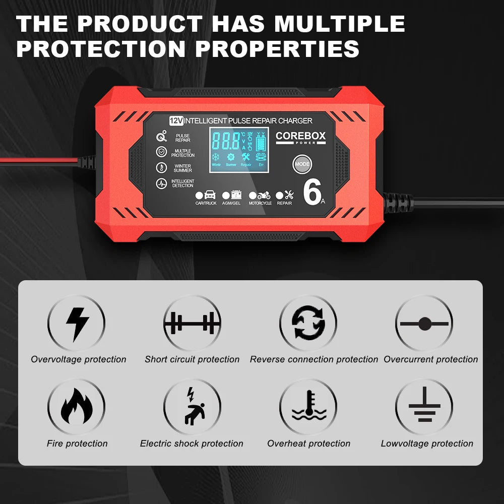 6A 12V Automotive Battery Charger Car and Motorcycle Battery Charging Devices Intelligent Maintenance of Lead Acid Battery