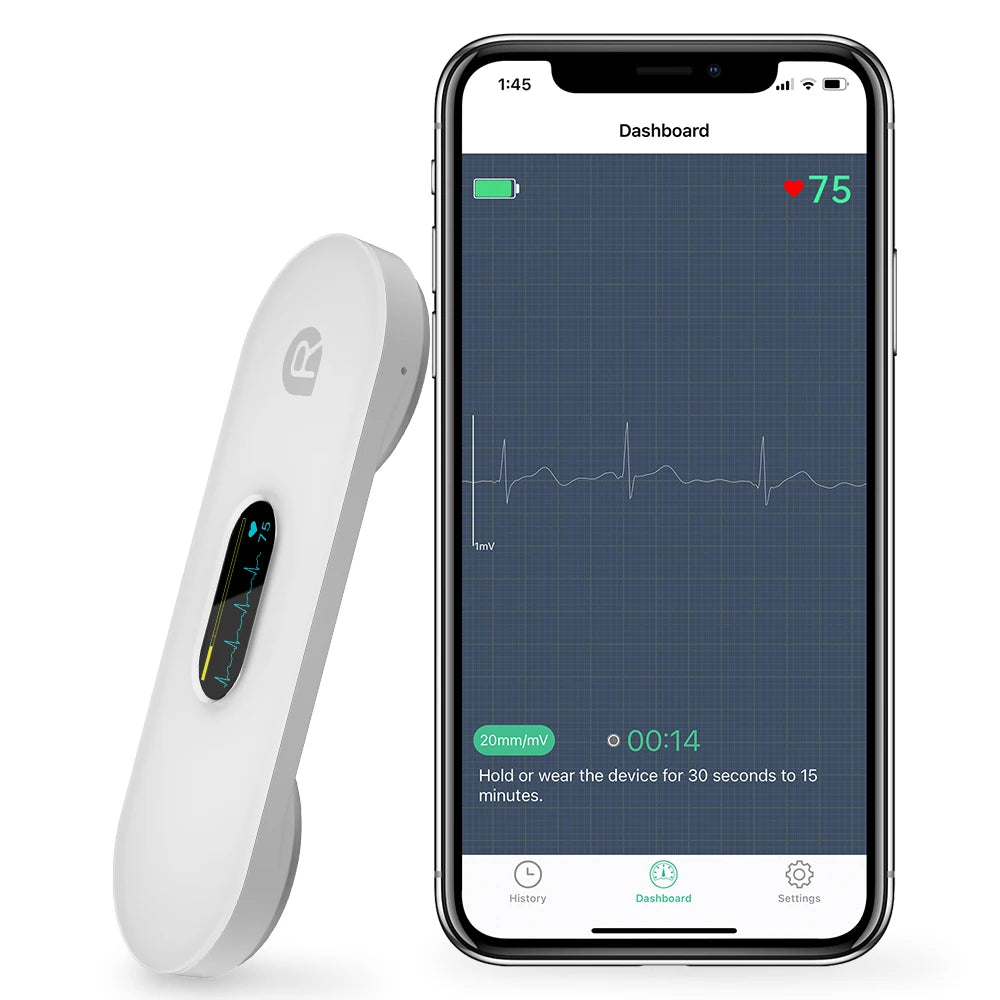 Pocket ECG Monitoring Device with OLED Screen Bluetooth EKG Monitor for Rhythm Waveform, Free APP AI Analyze with iOS/Android
