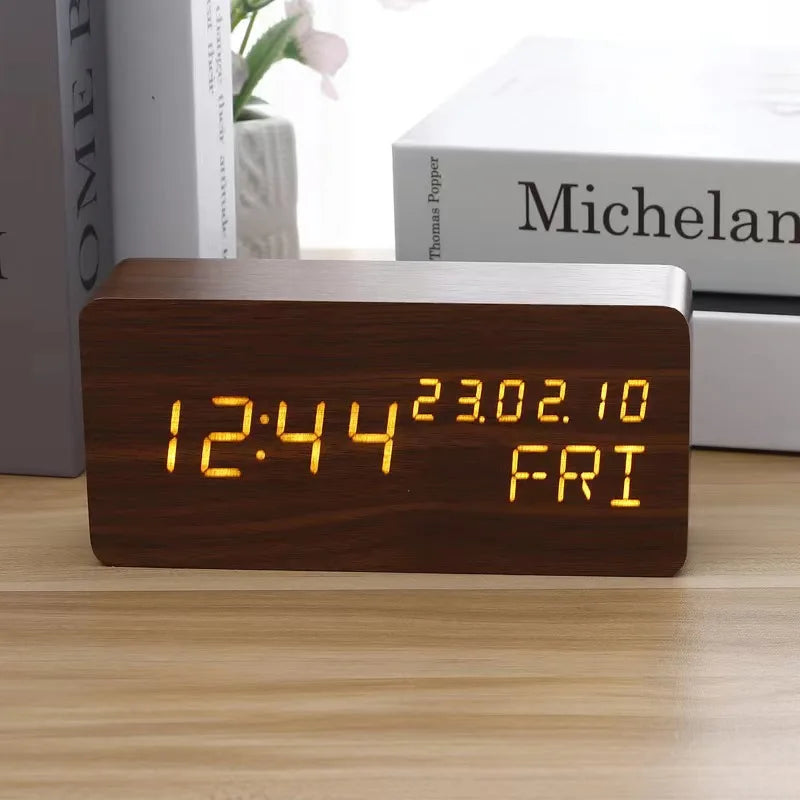 Wooden Clock Electronic Clock, LED Date Weekly Temperature Display Electronic Alarm Clock