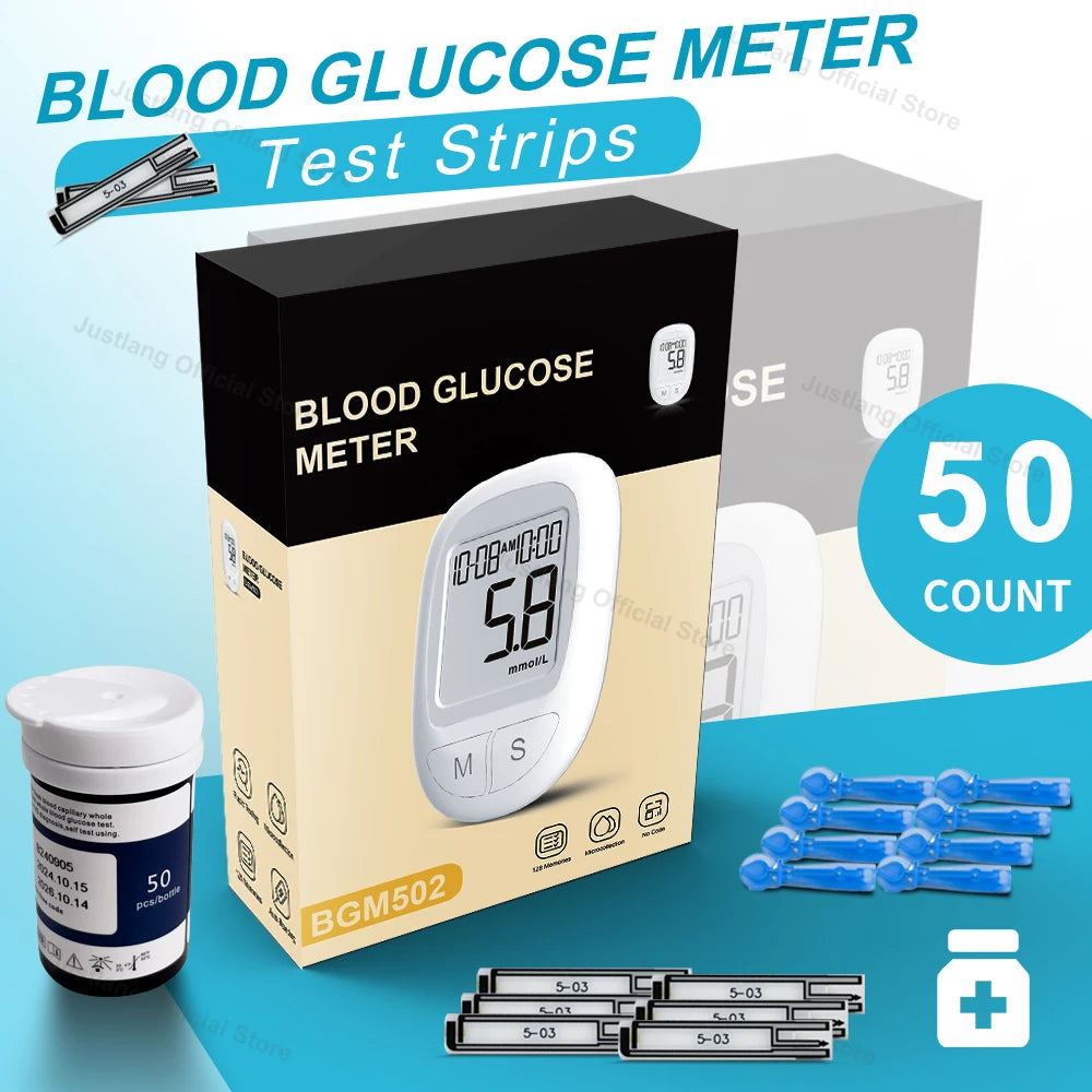 JUSTLANG Medical Glucometer 50/10 SET Blood Glucose Meter Mmol/L Mg/dl Glucometro for Diabetes Sugar Test Strips Lancets