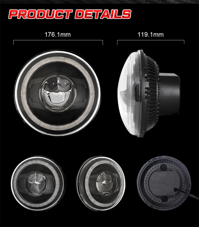 Car 7" Headlight for Land Rover Defender 90 110 Round LED Headlights DRL With Yellow Signal Light for Lada Niva 4X4 Jeep JK LJ