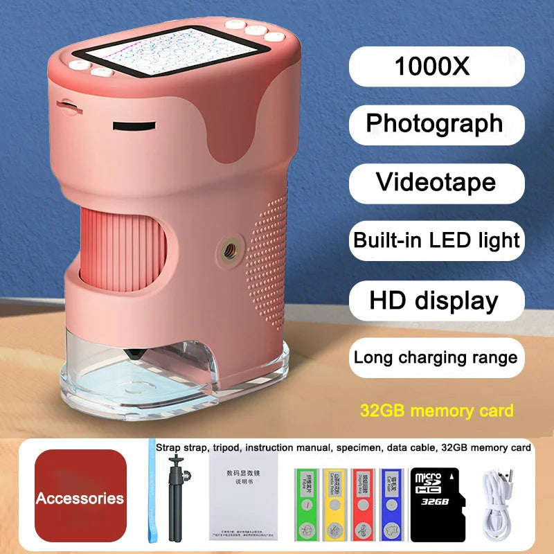 Handheld Digital Microscope For Kids With 2Inch HD Screen Videotape 200-1000X Pocket Microscope Educational Gift For Children