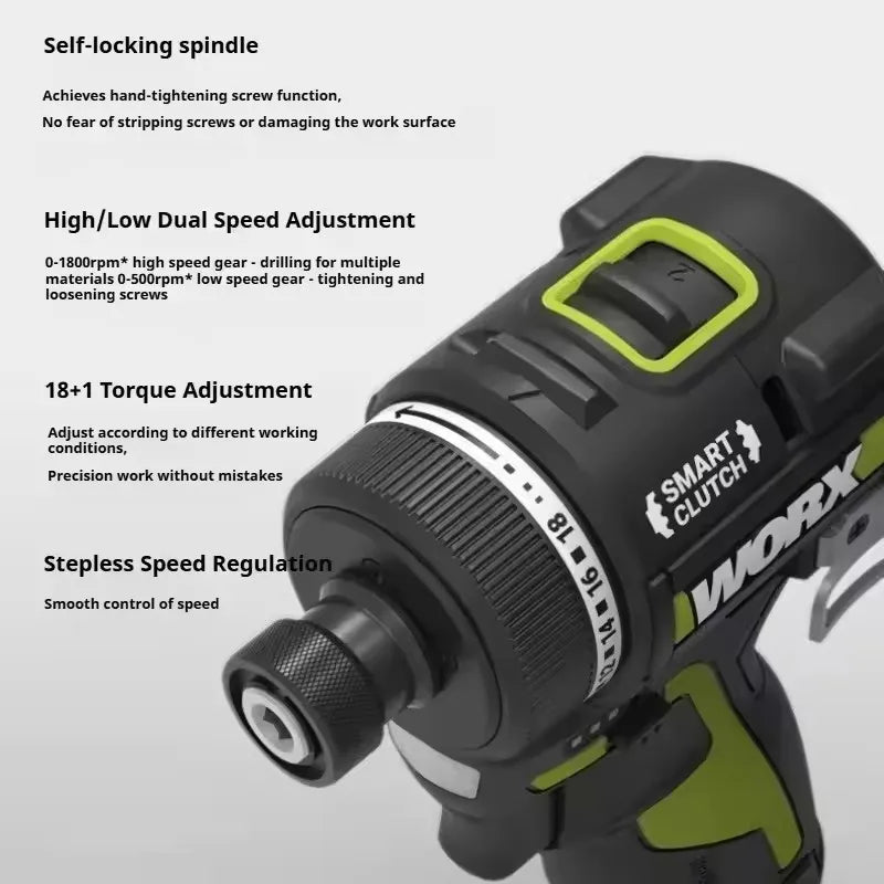 Worx WU139 Cordless Screwdriver Dual Speed 50Nm 12v 1800rpm 18+1 Brushless Motor Adjust Torque Univeral Green 12V Battery Pack