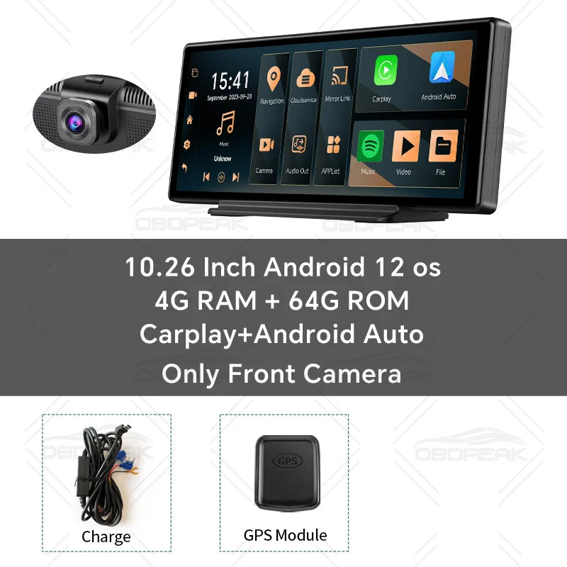 OBDPEAK K50 10.26'' Dashboard 4G+64G Android 13 AI Screen Dash Cam GPS Navigation Carplay Android AUTO Dual Lens Video Recorder
