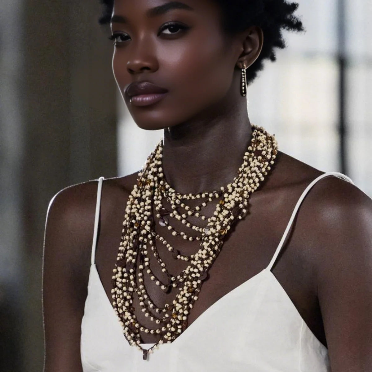 ZAA Trendy Handmade Brown Beaded Seashell Necklace For Women Elegant Vacation Multilayer Body Chain Party Banquet Accessories