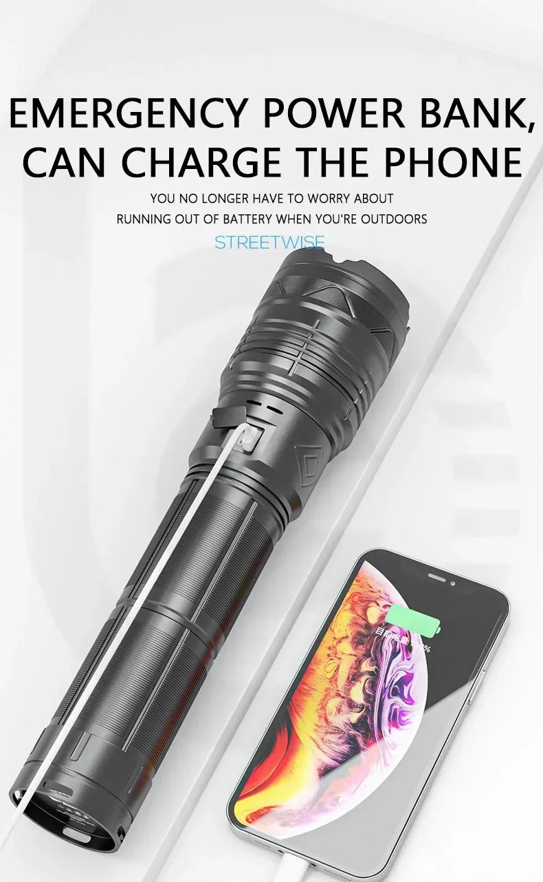 LED Tactical Flashlight Super Bright Spotlight Power Display Long Range Zoomable Torch Outdoor Emergency Tactical Search Lantern