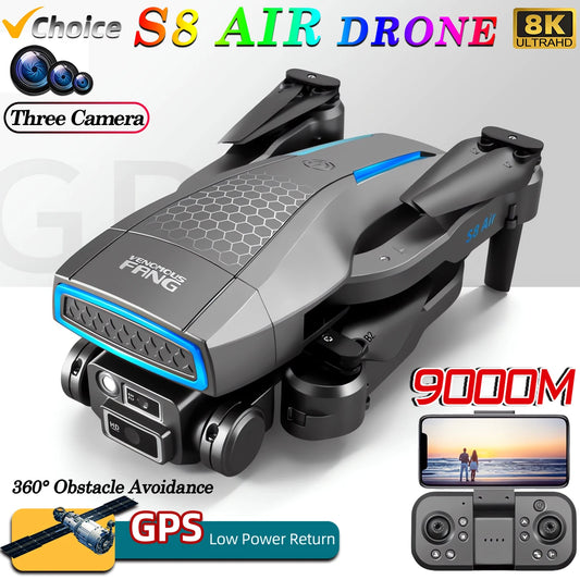 New S8 AIR GPS 5G Drone 8K HD Camera WIFI FPV Obstacle Avoidance Optical Flow Cool Lighting RC Foldable Quadcopter Gifts Toys