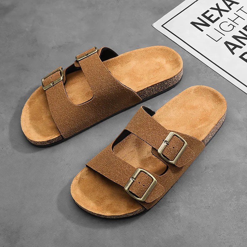 【Retro double button + cork foot feeling】Couple casual slippers for summer wear, anti-slip comfortable sandals