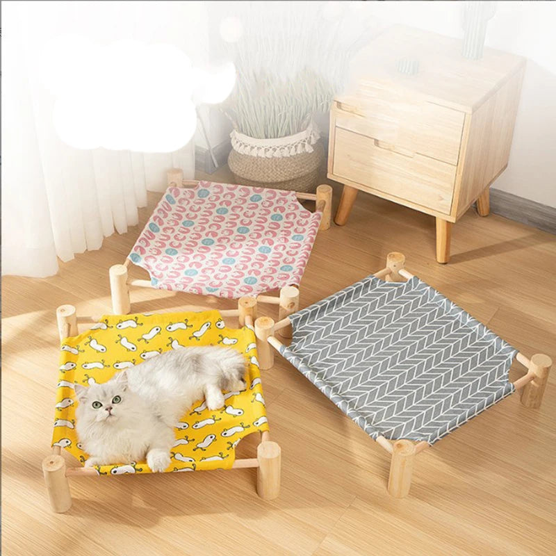 Wood Canvas Elevated Cat Bed, House, Hammocks, Lounge Bed for Small Rabbit Cats and Dogs, Durable Pet Supplies