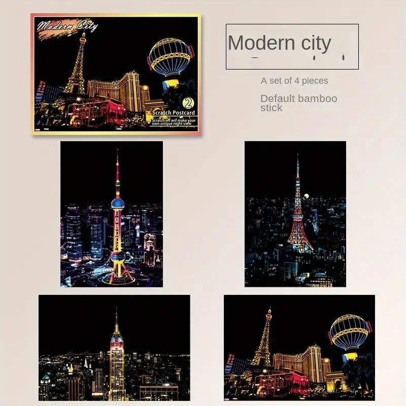 Night Scene Scratch Art Urban Landscape Architecture Clip Art 4PCS Postcard Style Colorful Scratch Art Cool And Colorful Scratch