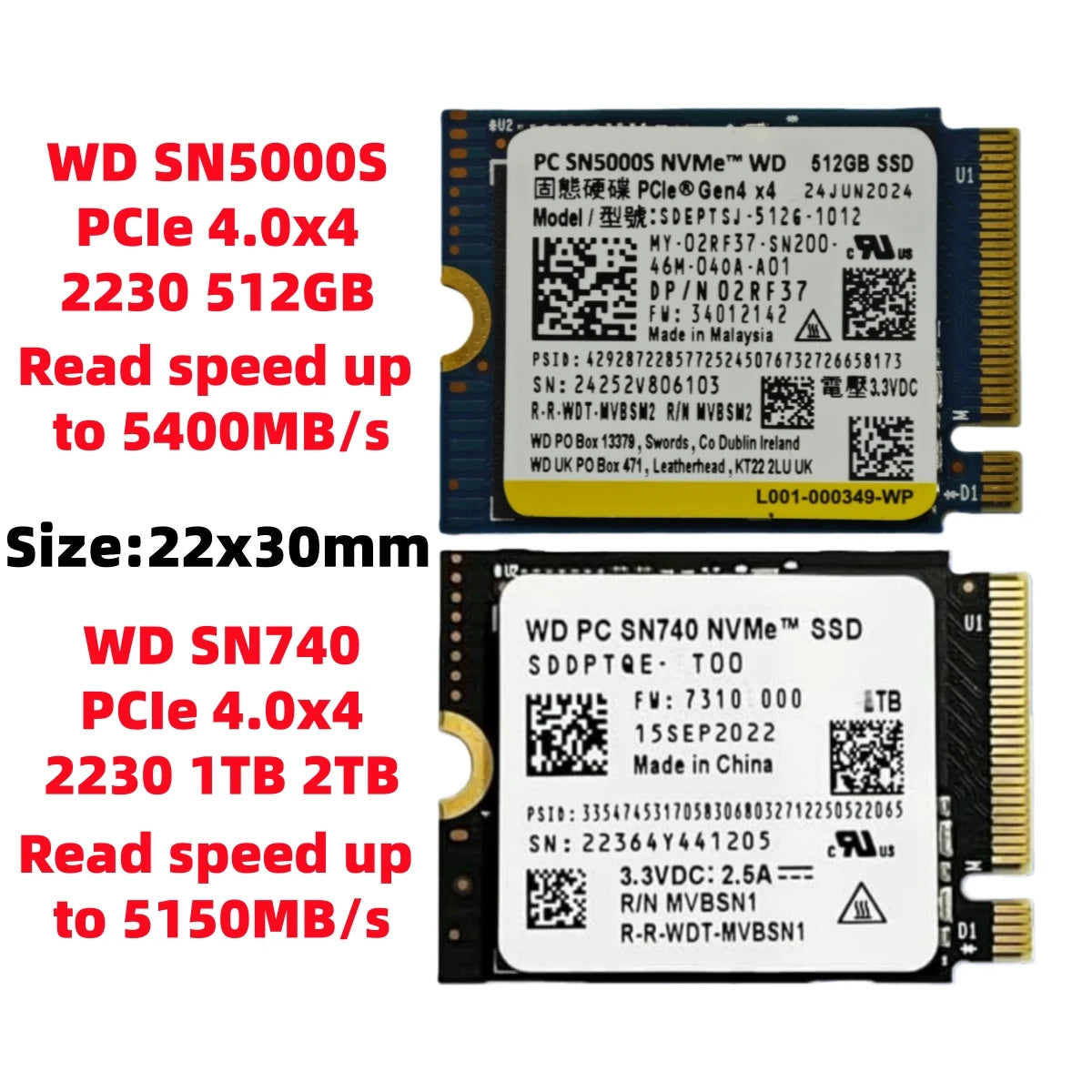 WD SN5000S 512GB & SN740 1TB 2TB NVMe PCIe 4.0x4 M.2 2230 SSD for