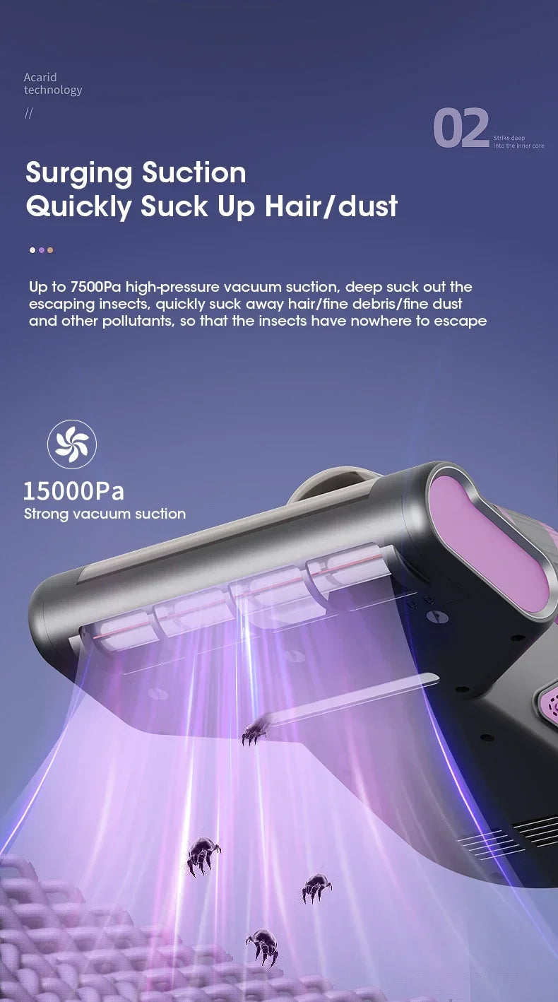 Portable 15Kpa Mite Remover Wireless Handheld Home Ultraviolet Sterilization Powerful Suction Vacuum Cleaner for Sofa Mattresses