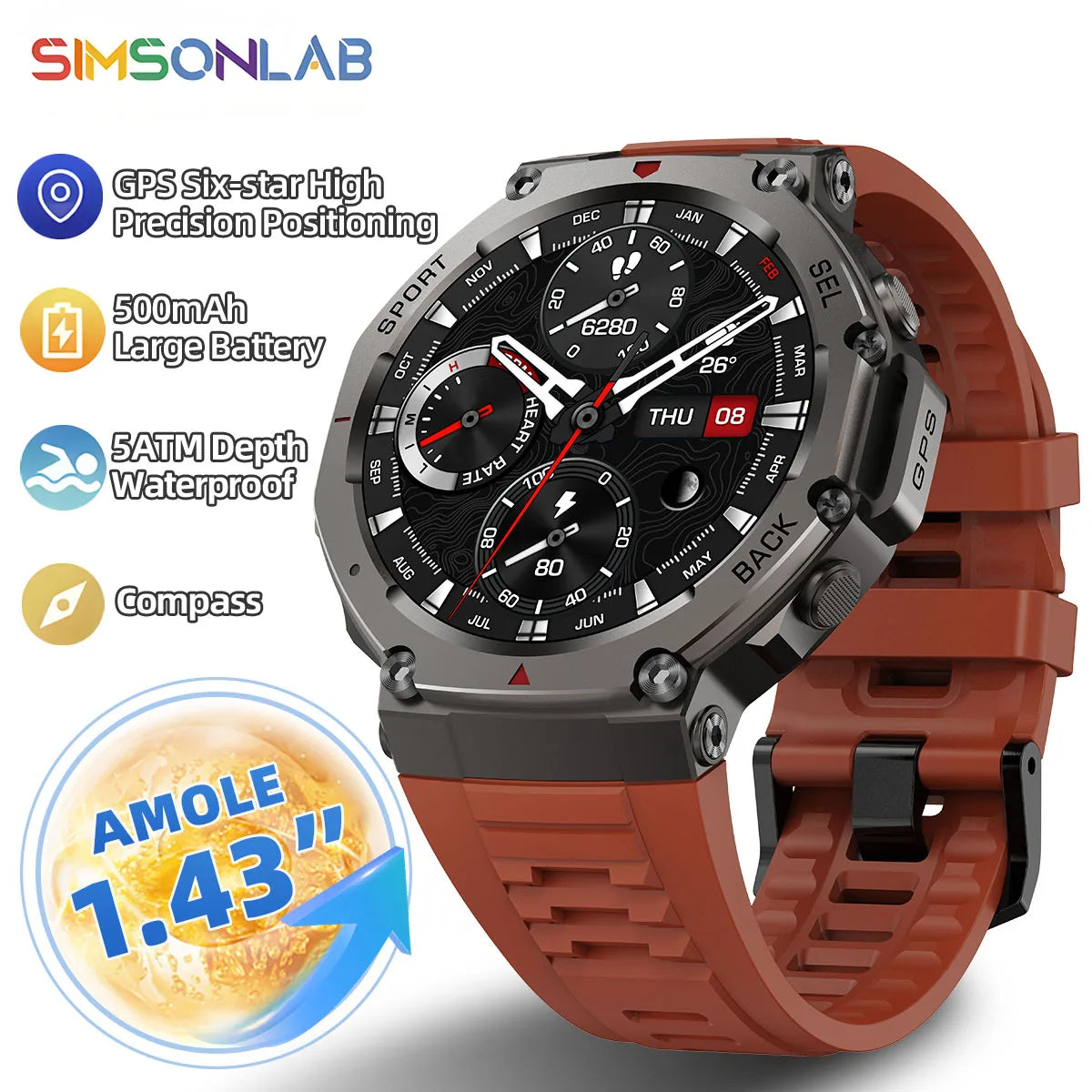New Smart Watch 466*466 1.43 AMOLED Full Touch Screen 5ATM waterproof GPS 500mAh High Battery Compass  170+ Sports Modes For Men
