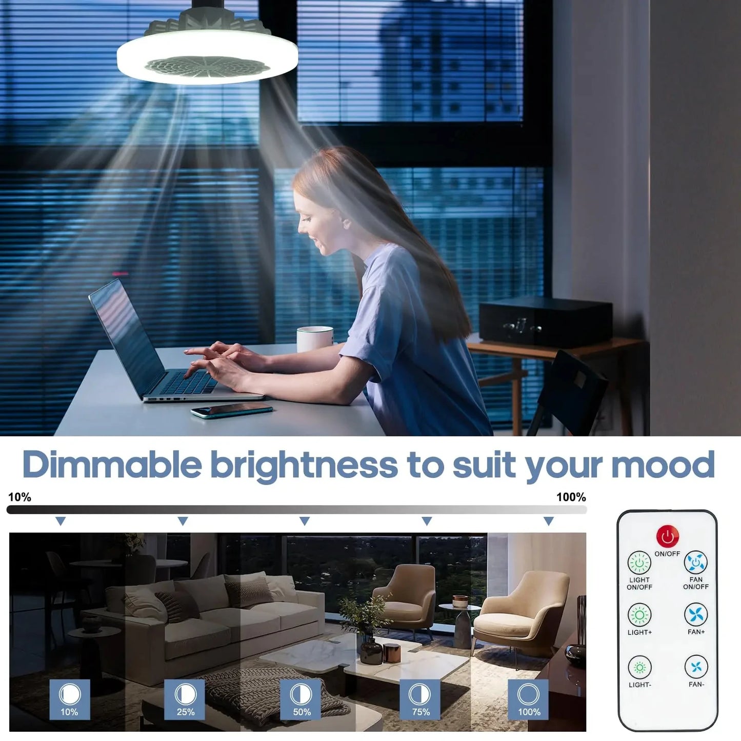E27 Ceiling Fan with Remote Control and 3-speed AC85-265V Lighting Converter Base for Bedroom and Living Room Lighting