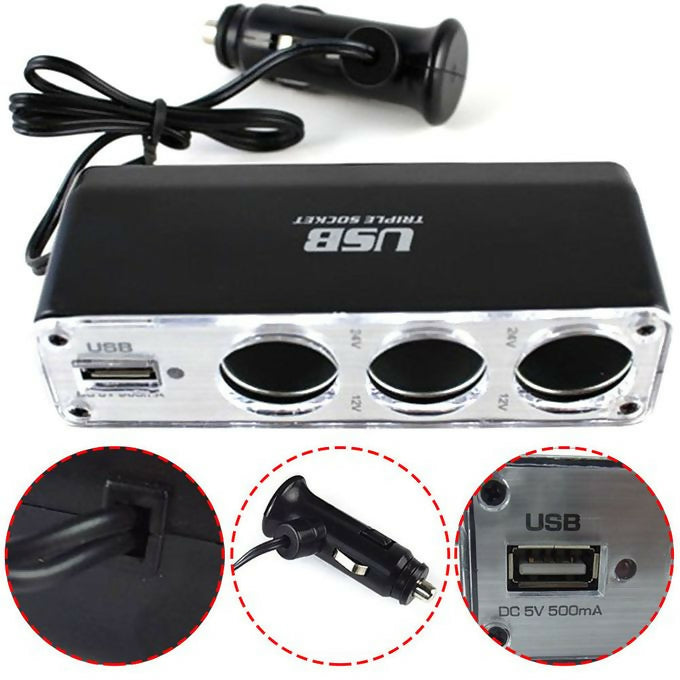 3in1 Triple Socket Car Cigarette Adapter Power Plug USB Port