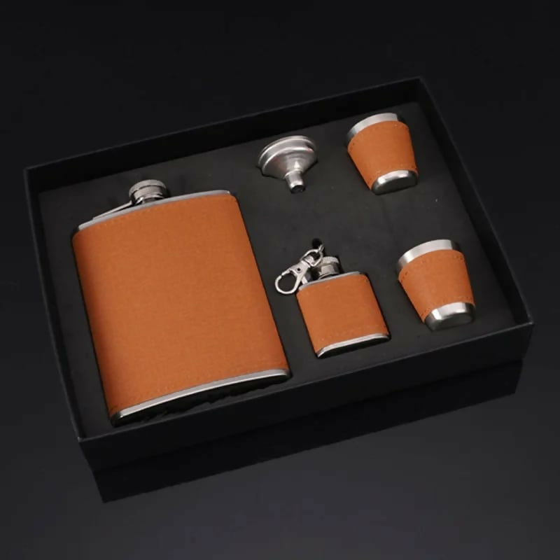 Black leather-covered whiskey flasks gift set