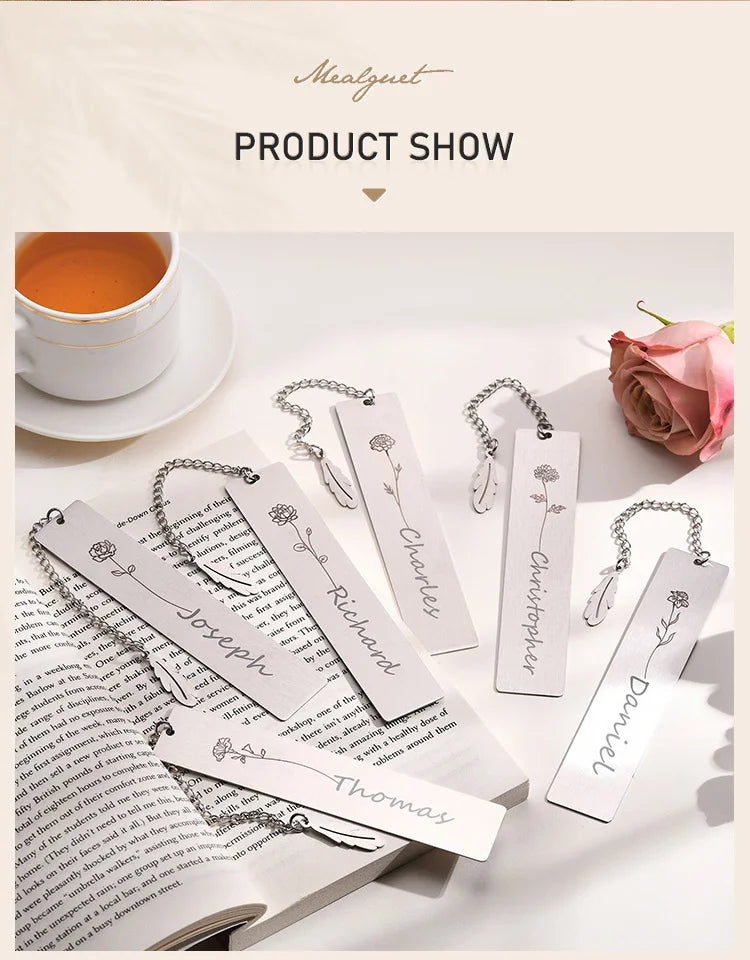 Personalized Birth Flower Bookmark With Name Text, Stainless Steel Customized Bar Birthday Gift For Women Daughter Sister Friend