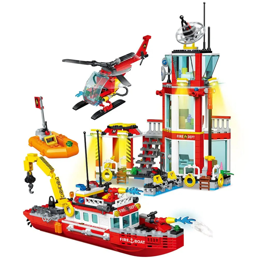 City Oceans Fire Station Building Kit fire Station Set with Fire Station/Fire Helicopter/Fire Ship/Rescue Boat, Gifts for Boys