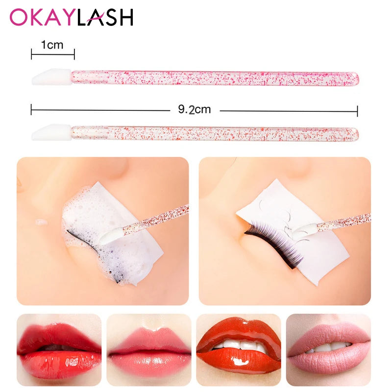 Okaylash Disposable Glitter Lip Gloss Brush Eyelash Extension Cleaning Brushes Crystal Lipstick Applicators Cleaner Makeup Tools