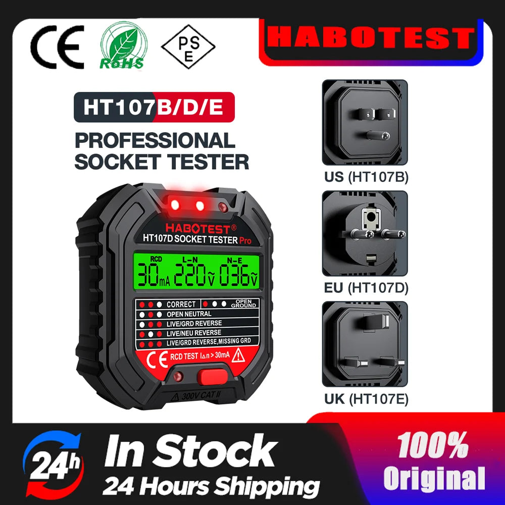 HABOTEST HT107 Socket Tester Pro Voltage Test RCD 5/30mA Socket Detector Ground Zero Line Plug Polarity Phase Check