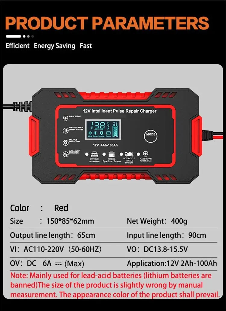1 Set 12V6A Battery Charger Car/Motorcycle Charger Digital Display Suitable for Lead Acid Batteries EU Plug Reverse Protection