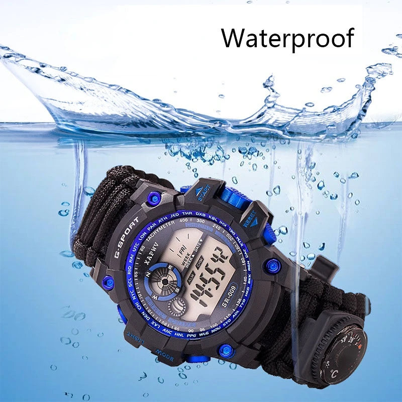 Outdoor Survive Watch Emergency with Night Vision 50M Waterproof Paracord Knife Compass Thermometer Whistles First Aid Kits Hot