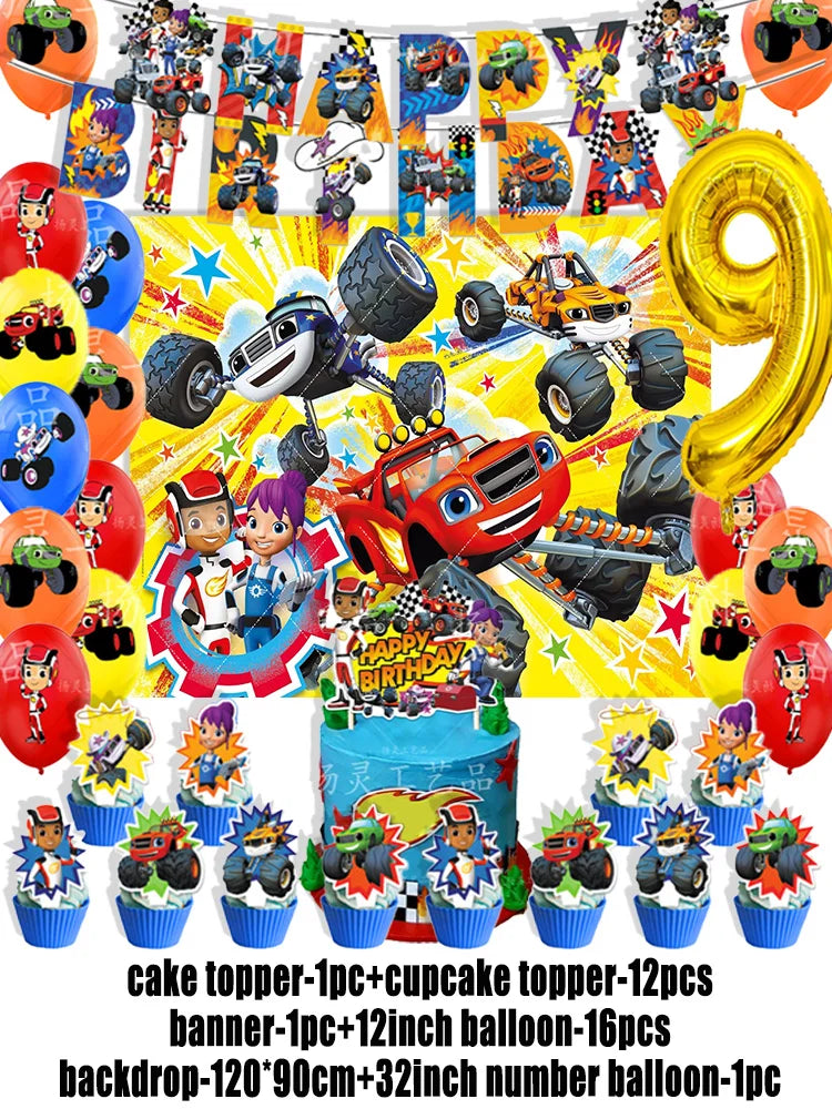 Blaze Monster Machines Theme Birthday Party Supplies Decor Cartoon Truck Balloon Banner Backdrops Cupcake Topper for Kids Gifts