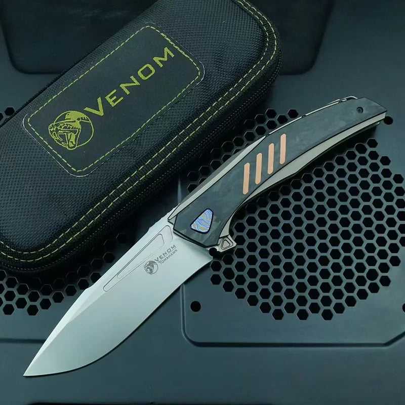 VENOM battle axe Flipper Folding Knife M398 Blade Titanium+CF Handle Outdoor Camping Hunting Fishing Pocket Fruit EDC Tool